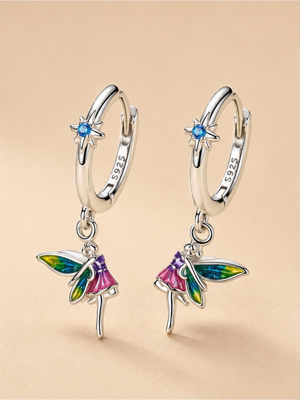 925 Silver Fairy Dangle Hoop Earrings in Multicolor